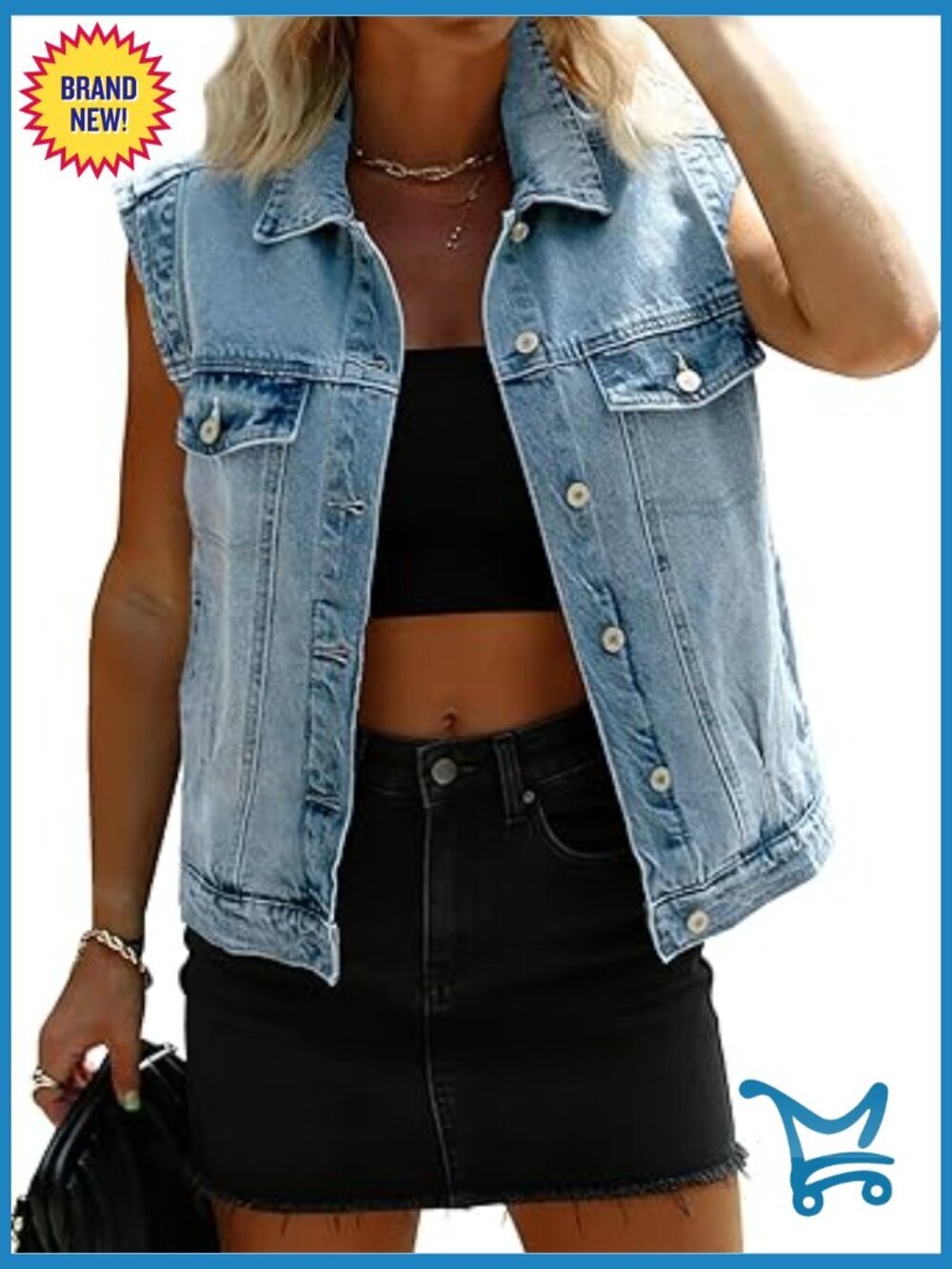 Cropped Distressed Denim Vest Button Down Sleeveless Jean Jacket